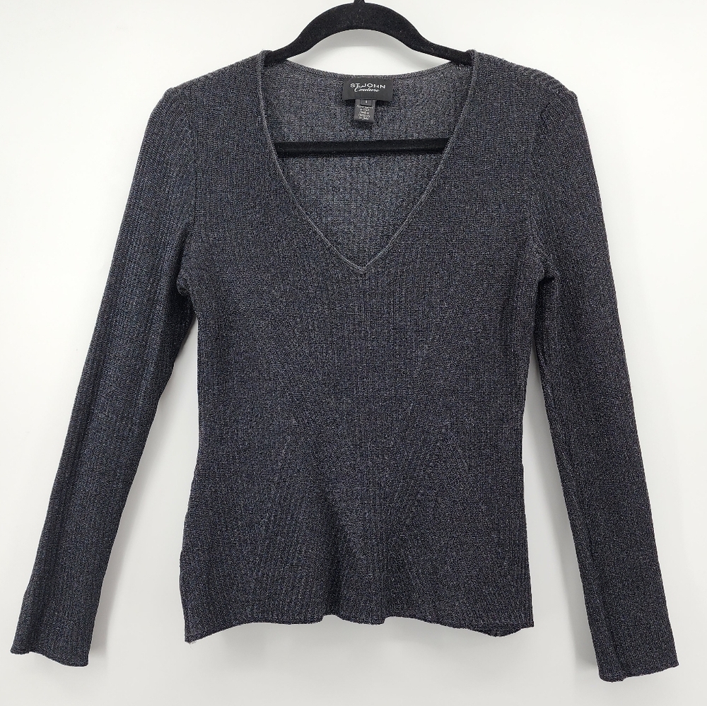 St. John Couture Black‎ Metallic V-Neck Long Sleeve Knit Blouse Size 2
